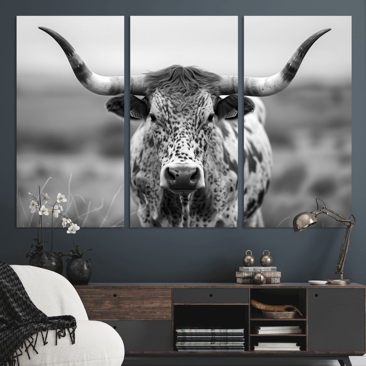 MGV-CV-48X32-3P - Texas Cow Longhorn Wall Art Canvas Print for Farm House Wall Decor, Farmhouse Wall Art Print