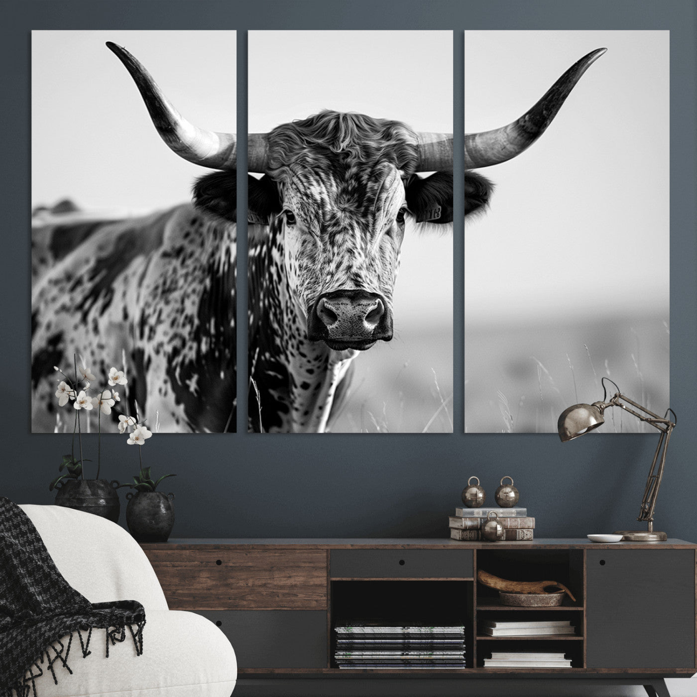 MGV-CV-48X32-3P - Texas Highland Cow Longhorn Canvas Print - Rustic Farmhouse Wall Art - Large Texas Longhorn