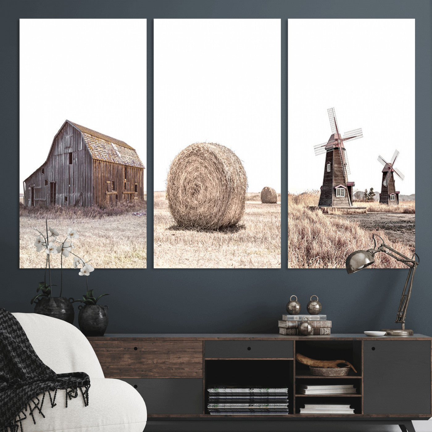 MGV-CV-48X32-3P - Farm Prints Set, Set of 3 Farmhouse Wall Art, Country House Decor, Barn Print, Wheat Print,