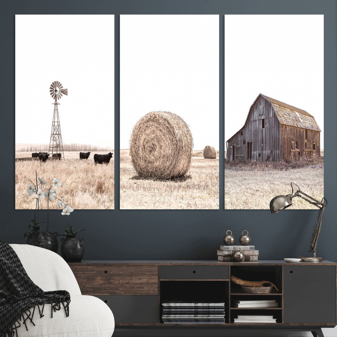 MGV-CV-48X32-3P - Rustic Farmhouse Wall Art Set of 3 – Country Barn and Wheat Field | Farm Prints for Country Home and