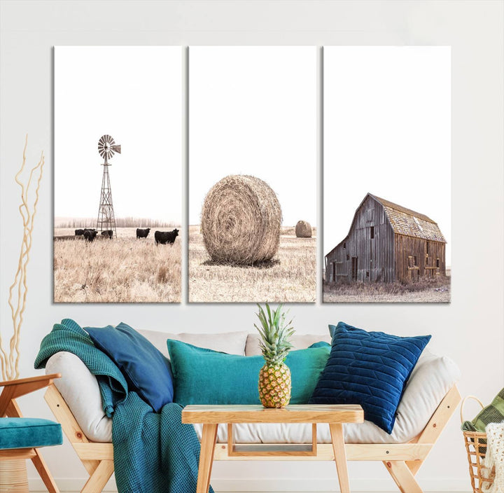 Above the couch, a Rustic Farmhouse Wall Art set depicts a barn and wheat field.