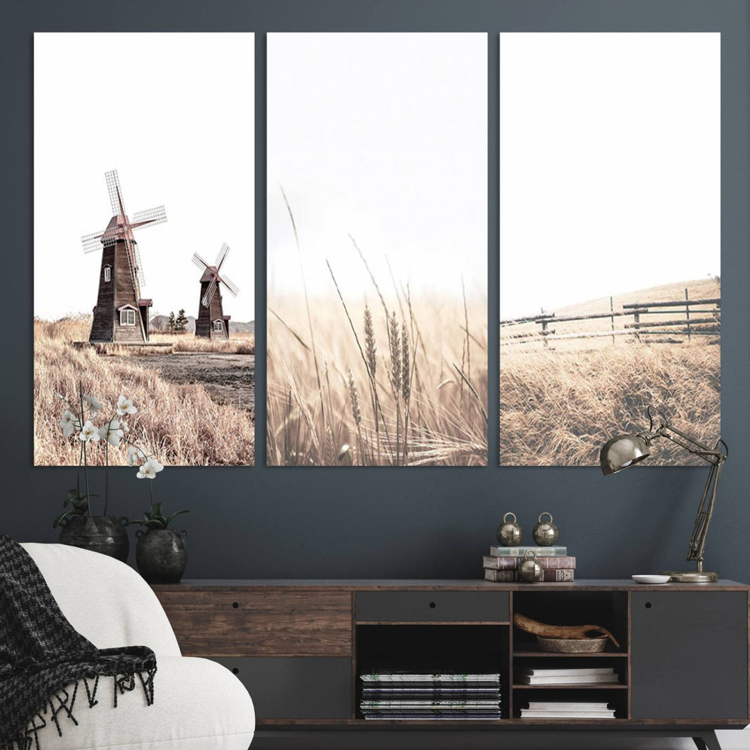 Farmhouse wall art set: 3 giclee canvas prints featuring windmills and wheat fields.