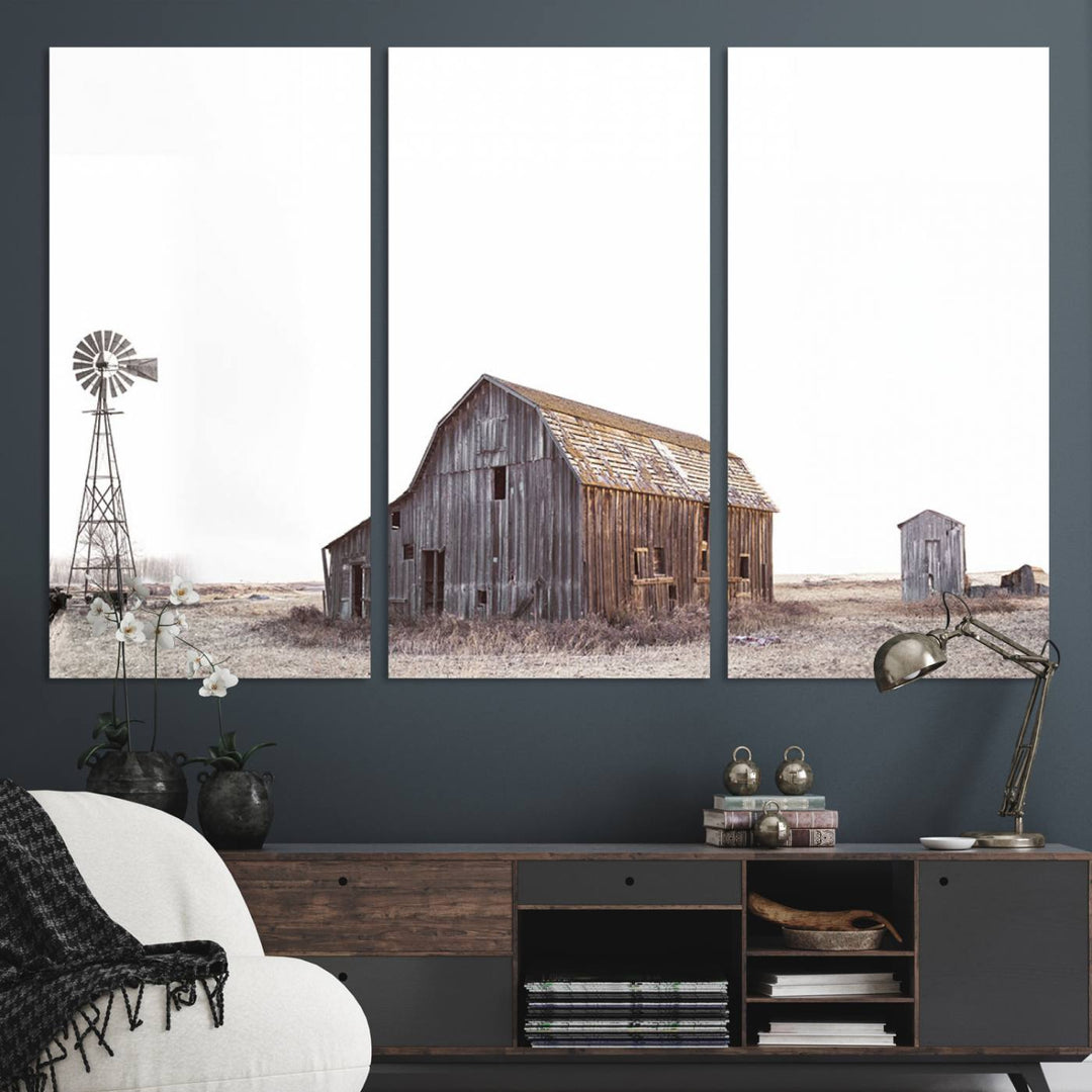 The Set of 3 Rustic Farmhouse Wall Art Prints features a barn, wheat field, and landscape.