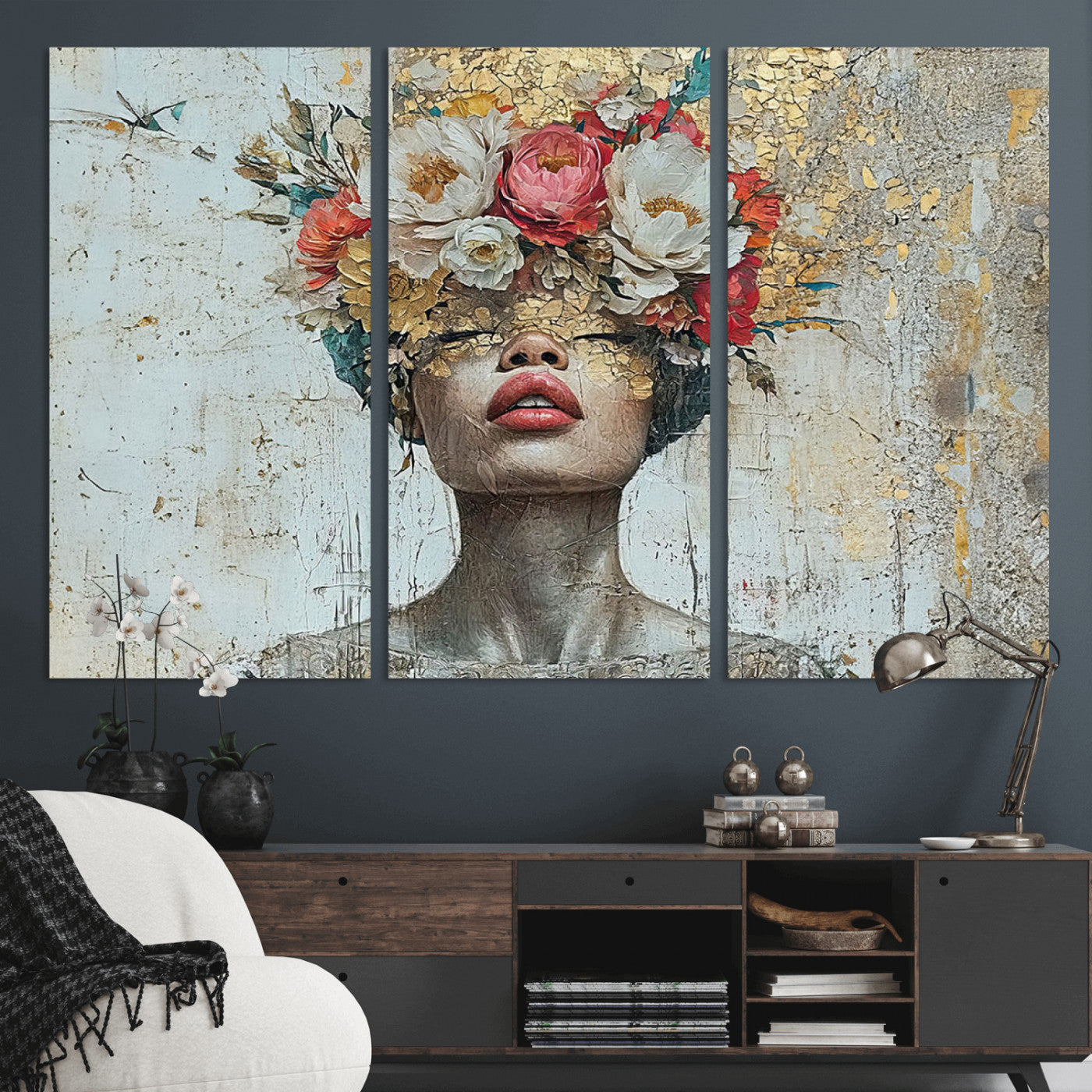 MGV-CV-48X32-3P - Golden Petal Wall Art Canvas Print - Silhouette Woman Wall Art Canvas Print, Floral Woman Portrait