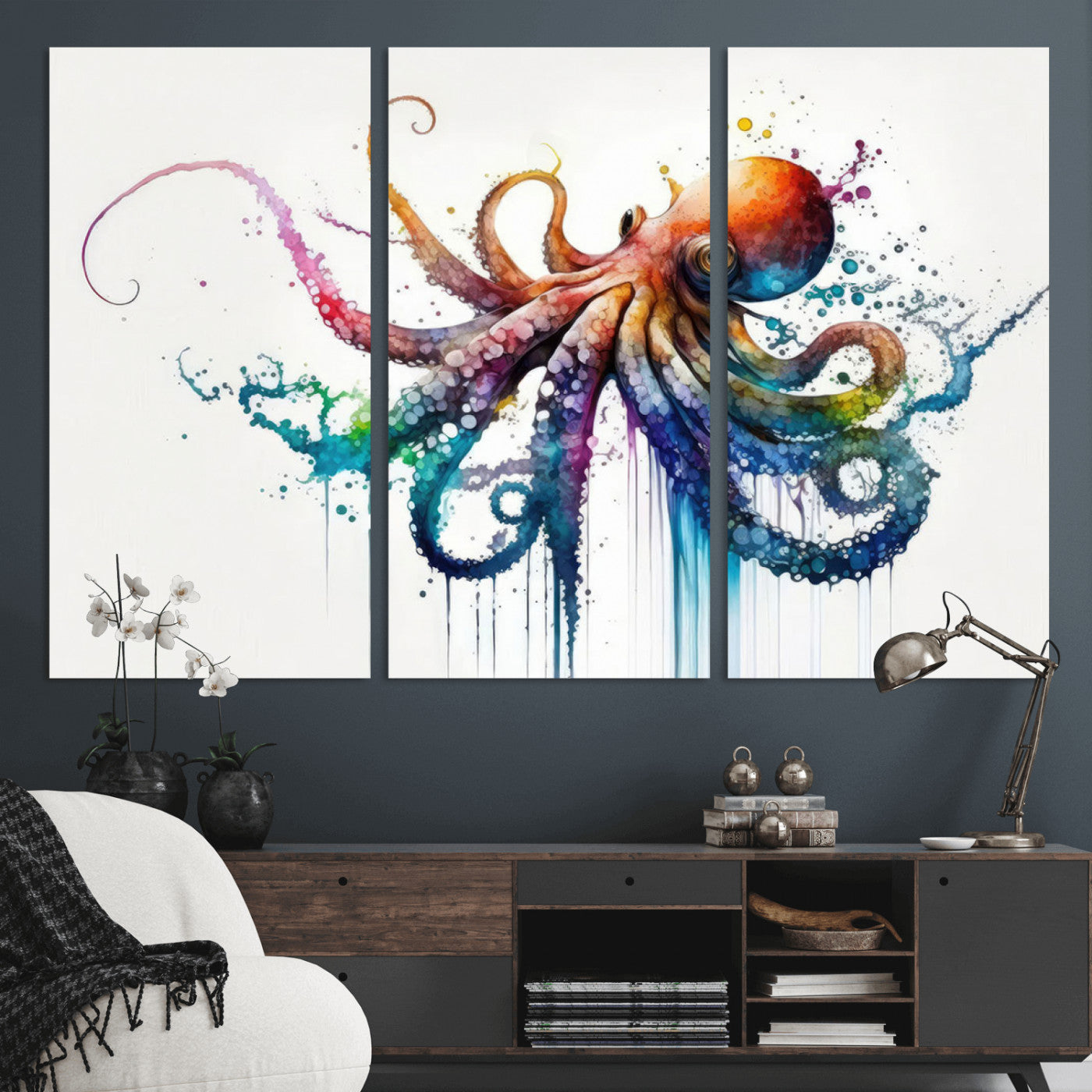 MGV-CV-48X32-3P - Watercolor Vibrant Octopus Wall Art Canvas Print | Abstract Sea Life Art | Colorful Marine Creature