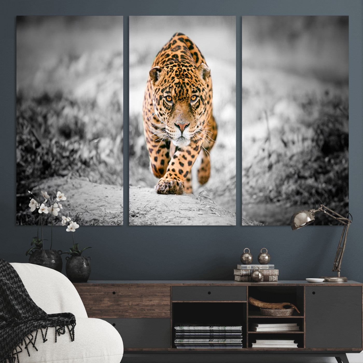 MGV-CV-48X32-3P - Jaguar Wall Art Canvas Print - Majestic Big Cat in Focused Pursuit - Ready to Hang