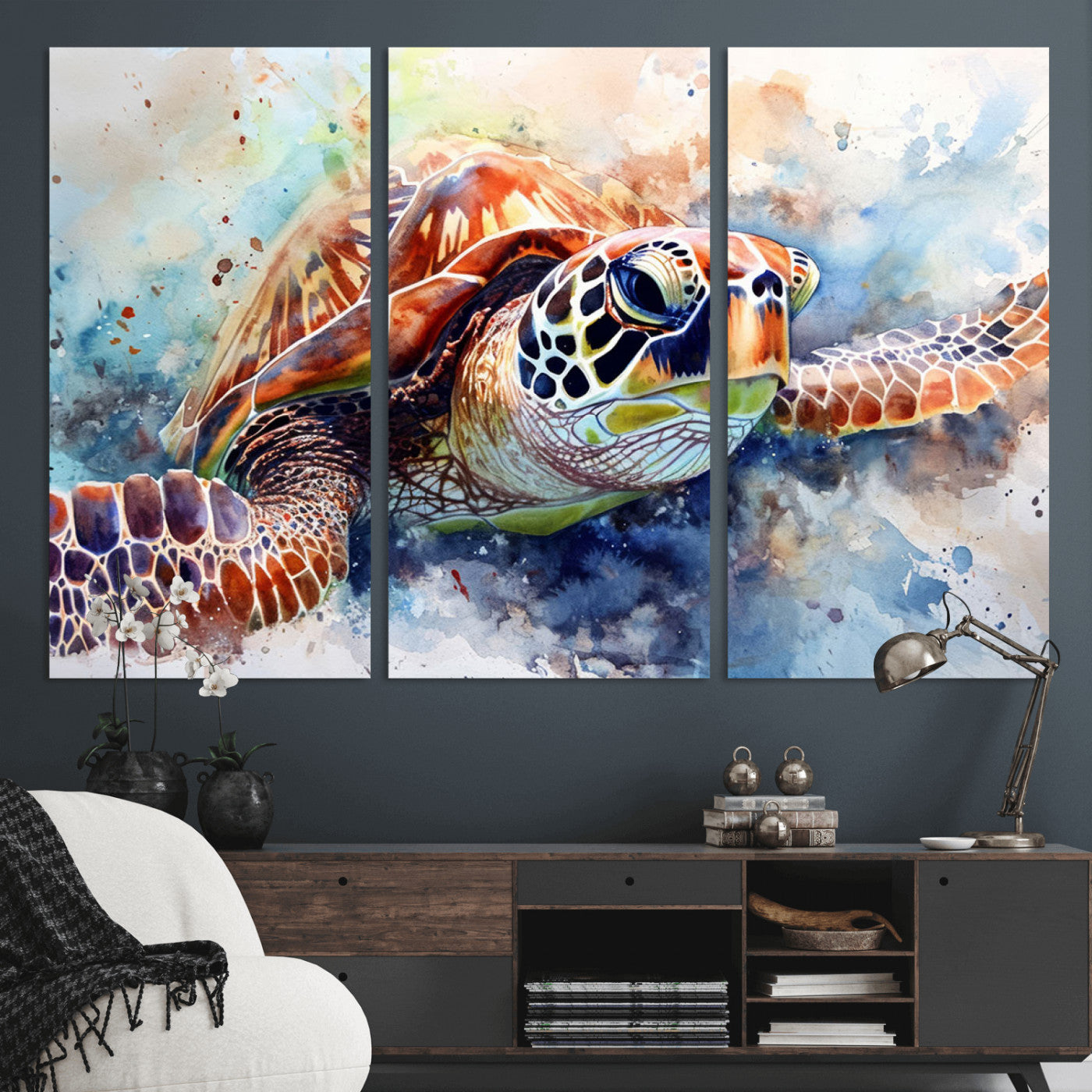 MGV-CV-48X32-3P - Watercolor Sea Turtle Wall Art Canvas Print - Vibrant Ocean Colors in Watercolor Style - Ready to