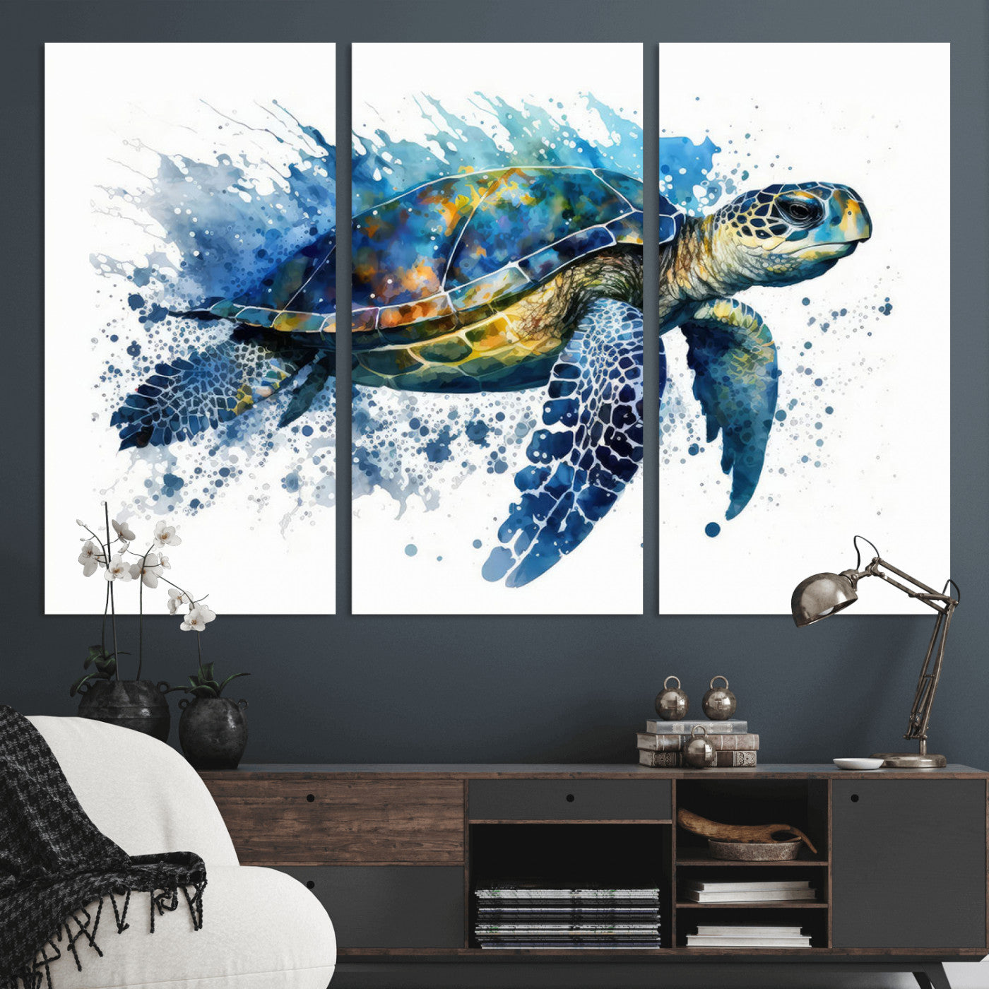 MGV-CV-48X32-3P - Turtle Wall Art Canvas Print, Framed Watercolor Turtle Art Picture Print, Ocean Life Perfect Nautical Decor Artwork