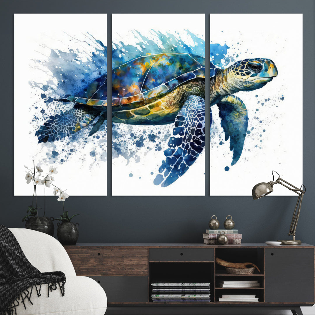 The Turtle Wall Art Print, featuring blue splashes, beautifully showcases Ocean Life.