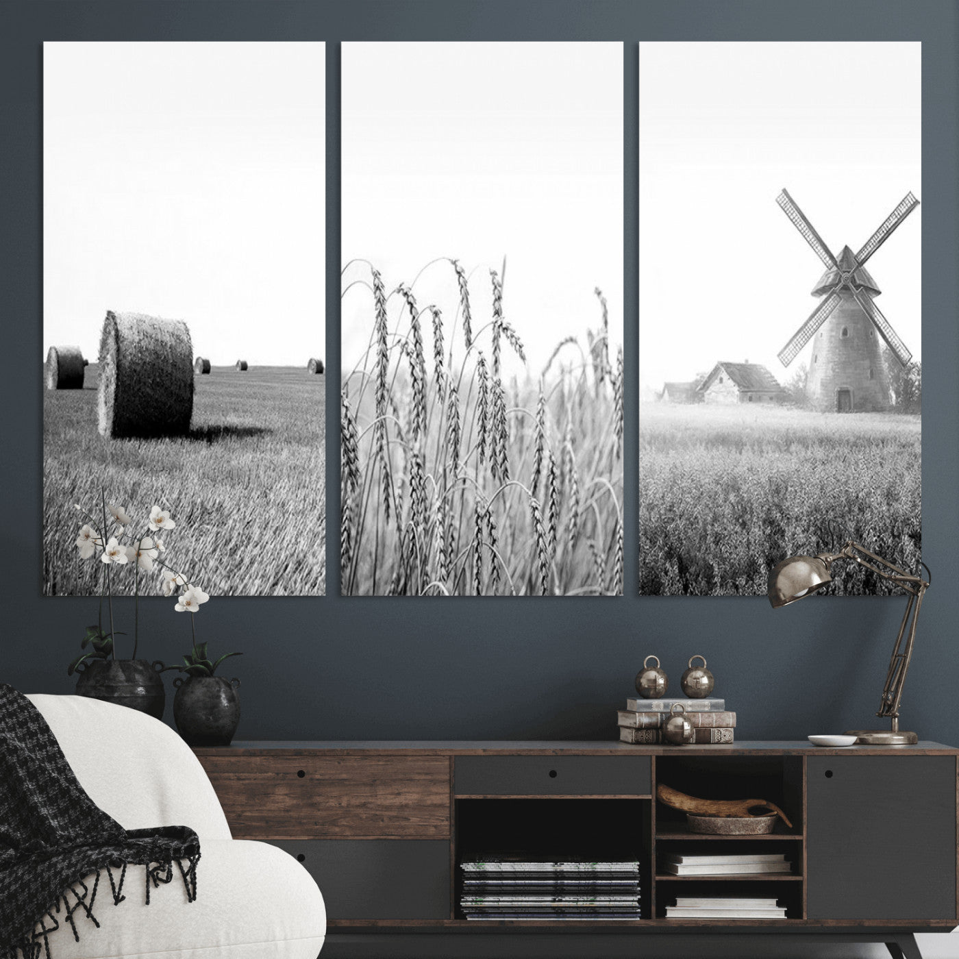 MGV-CV-48X32-3P - Vintage Farmhouse Black and White Triptych Wall Art – Giclee Canvas Featuring Wheat Fields, Hay