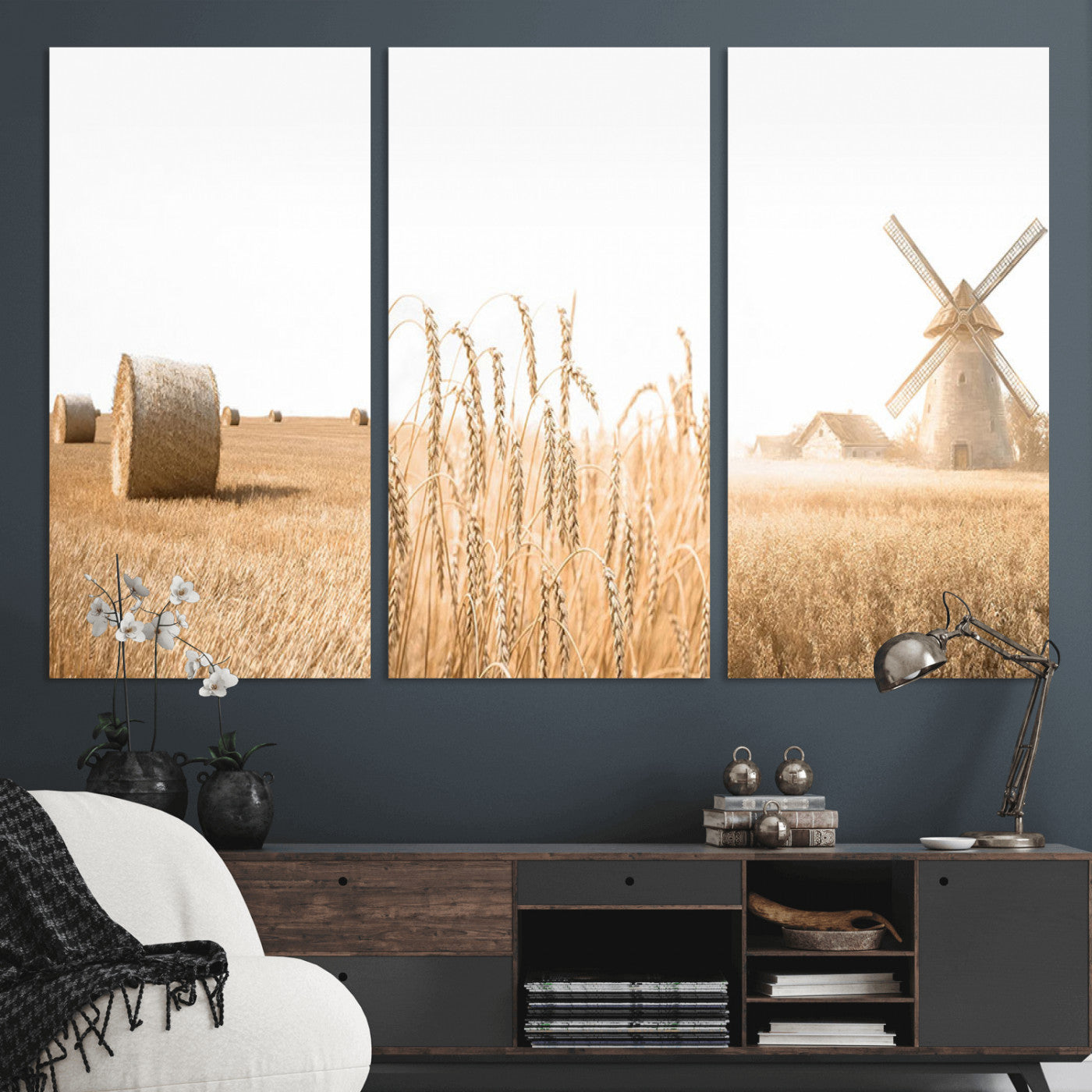 MGV-CV-48X32-3P - Vintage Farmhouse Triptych Wall Art – Giclée Canvas Featuring Wheat Fields, Hay Bales, and a