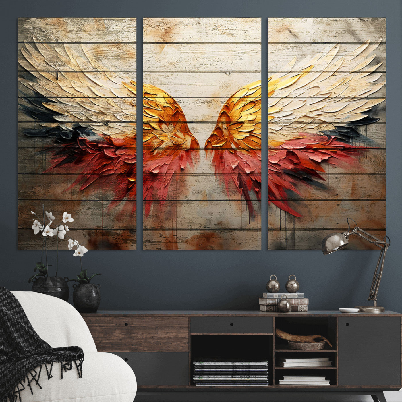 MGV-CV-48X32-3P - Abstract Angel Wings Canvas Wall Art – Framed and Ready to Hang Modern Angelic Wings Decor for
