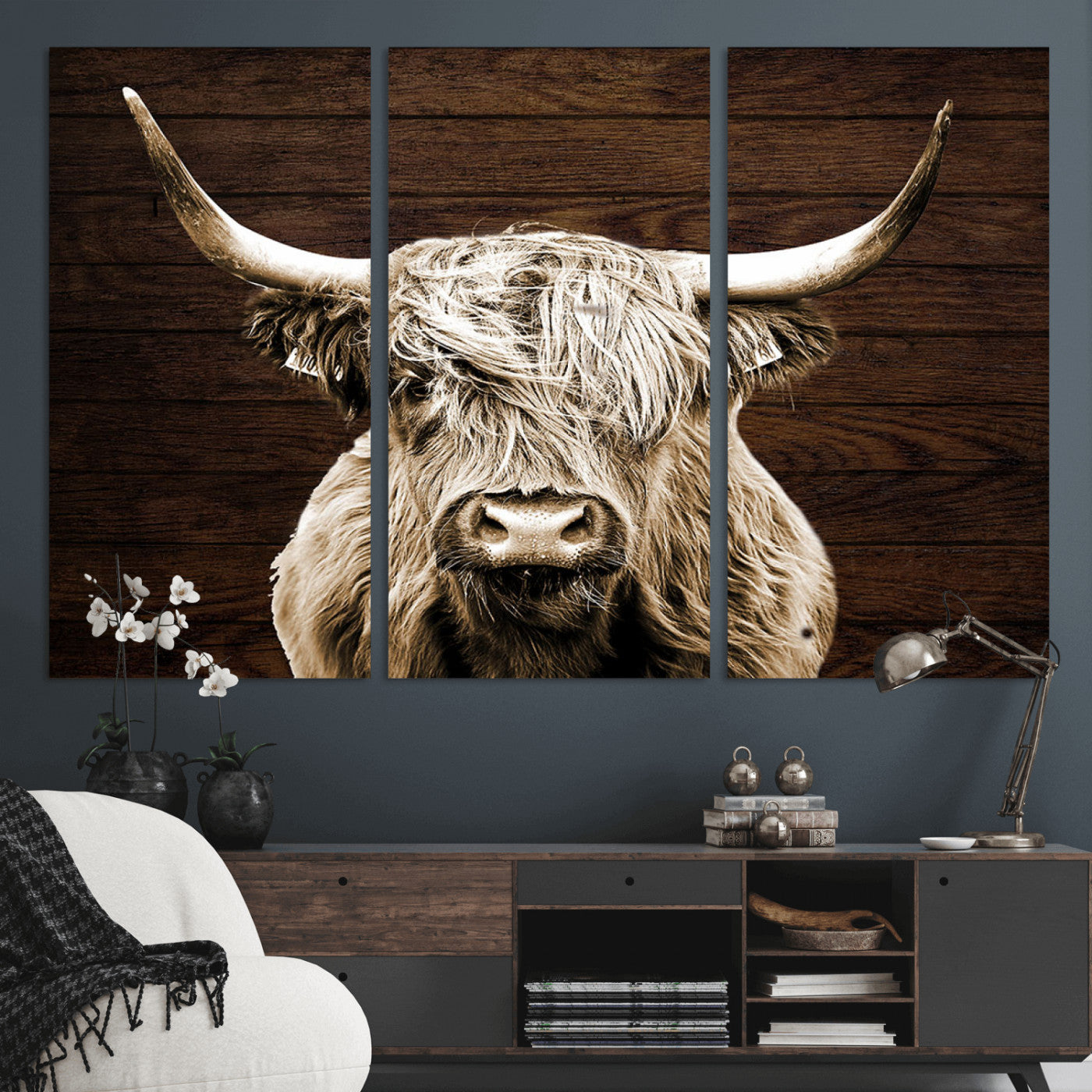 MGV-CV-48X32-3P - Highland Cow Wall Art Canvas Print, Rustic Farmhouse Decor, Majestic Scottish Highland Bull Portrait