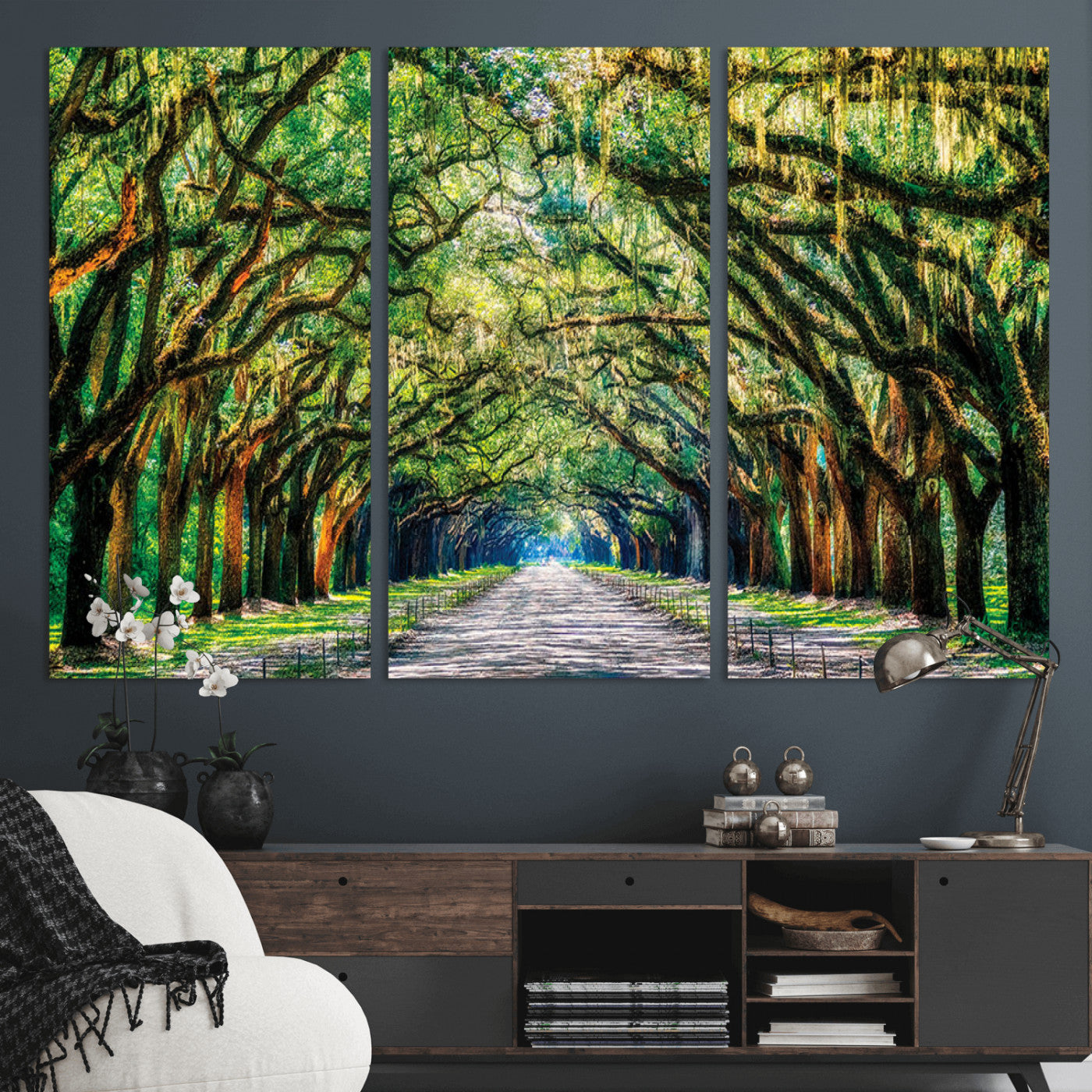 MGV-CV-48X32-3P - Serene Tree Tunnel Wall Art Canvas Print – Pathway Under Canopy of Lush Green Trees, Nature-Inspired