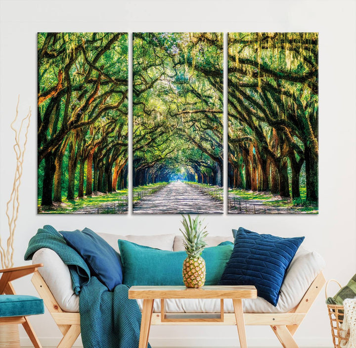 Serene Tree Tunnel Wall Art Canvas Print – Pathway Under Canopy of Lush Green Trees, Nature-Inspired Decor for Living Room – Ready to Hang