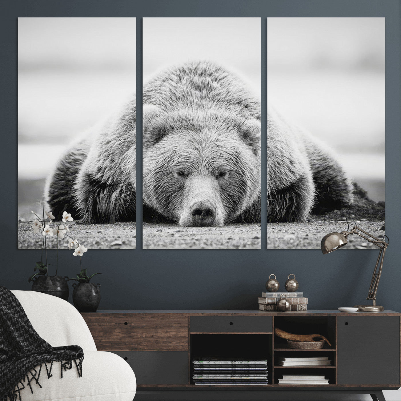 MGV-CV-48X32-3P - Resting Grizzly Bear Wall Art Canvas Print – Majestic Lazy Black and White Wildlife Bear Art,