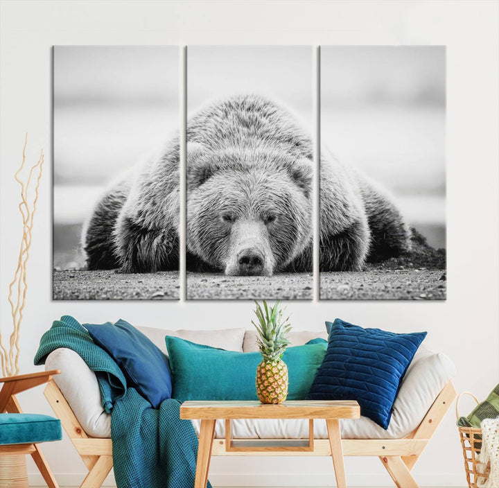 Resting Bear Wall Art Canvas Print – Majestic Lazy Black and White Wildlife Bear Art, Perfect for Nature-Inspired Home Decor – Ready to Hang