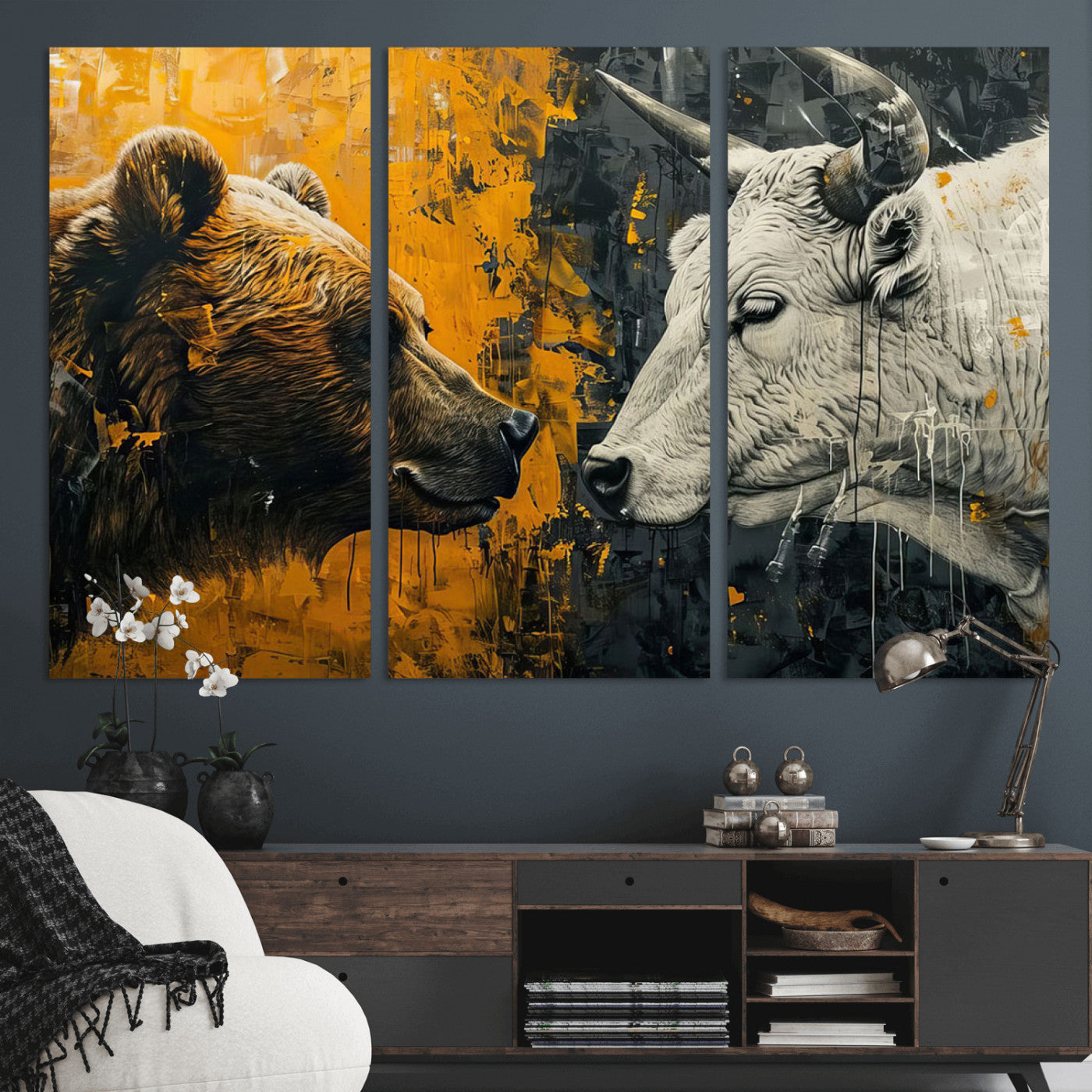 MGV-CV-48X32-3P - Bear and Bull Wall Art Canvas Print – Abstract Animal Portrait Painting for Modern Home Decor –