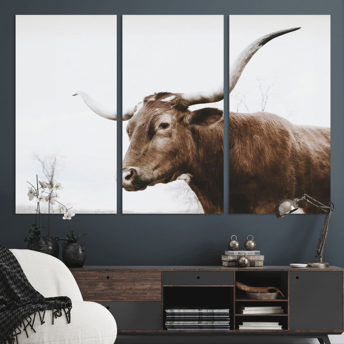 MGV-CV-48X32-3P - Rustic Bull Wall Art Canvas Print – Modern Longhorn Farmhouse Animal Decor – Abstract Farm Cow