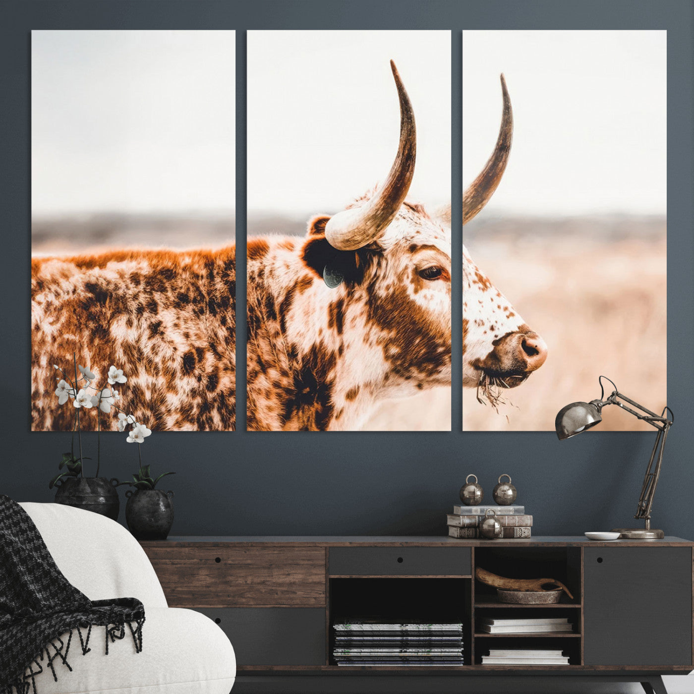 -Speckled Bull Wall Art Canvas Print – Rustic Cow Longhorn Farmhouse Animal Decor – Western Longhorn