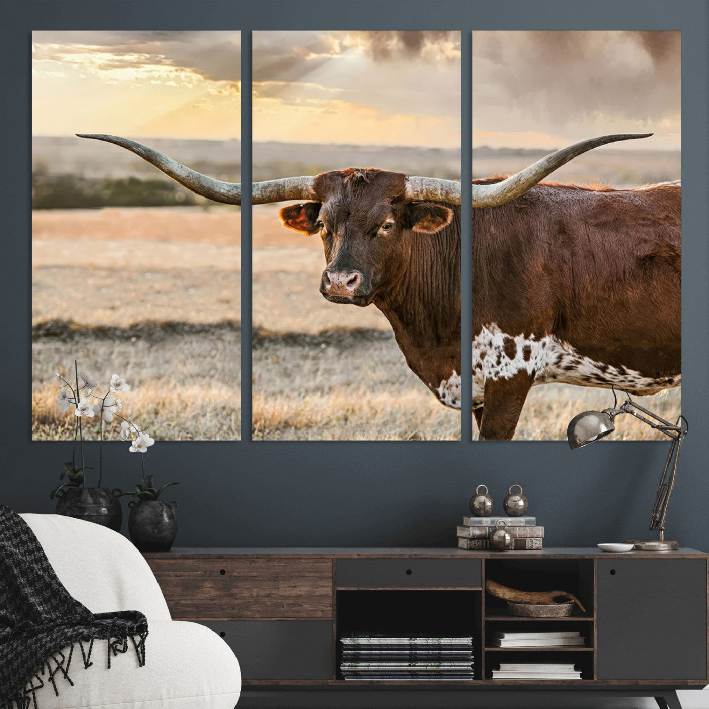 MGV-CV-48X32-3P - Texas Longhorn Wall Art Canvas Print, Rustic Ranch Decor, Majestic Western Longhorn Cattle