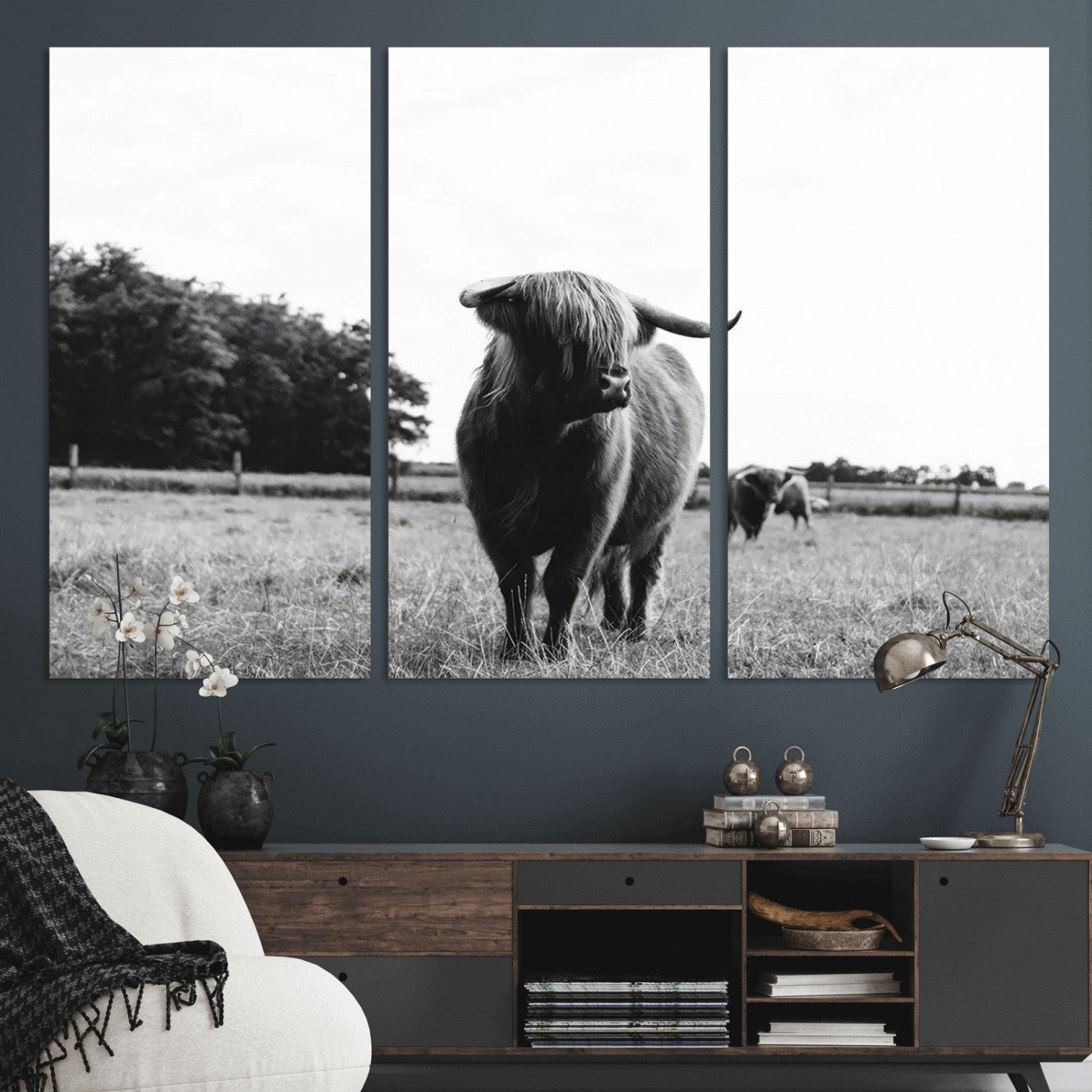 MGV-CV-48X32-3P - Black and White Highland Cow Wall Art Canvas Print | Rustic Western Decor for Living Room or Office,