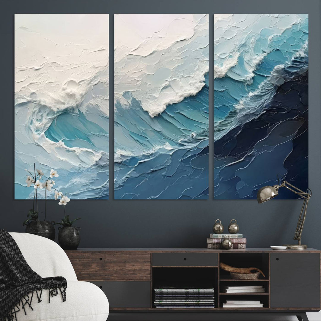 The Blue Abstract Wave Ocean Wall Art Canvas Print hangs prominently.