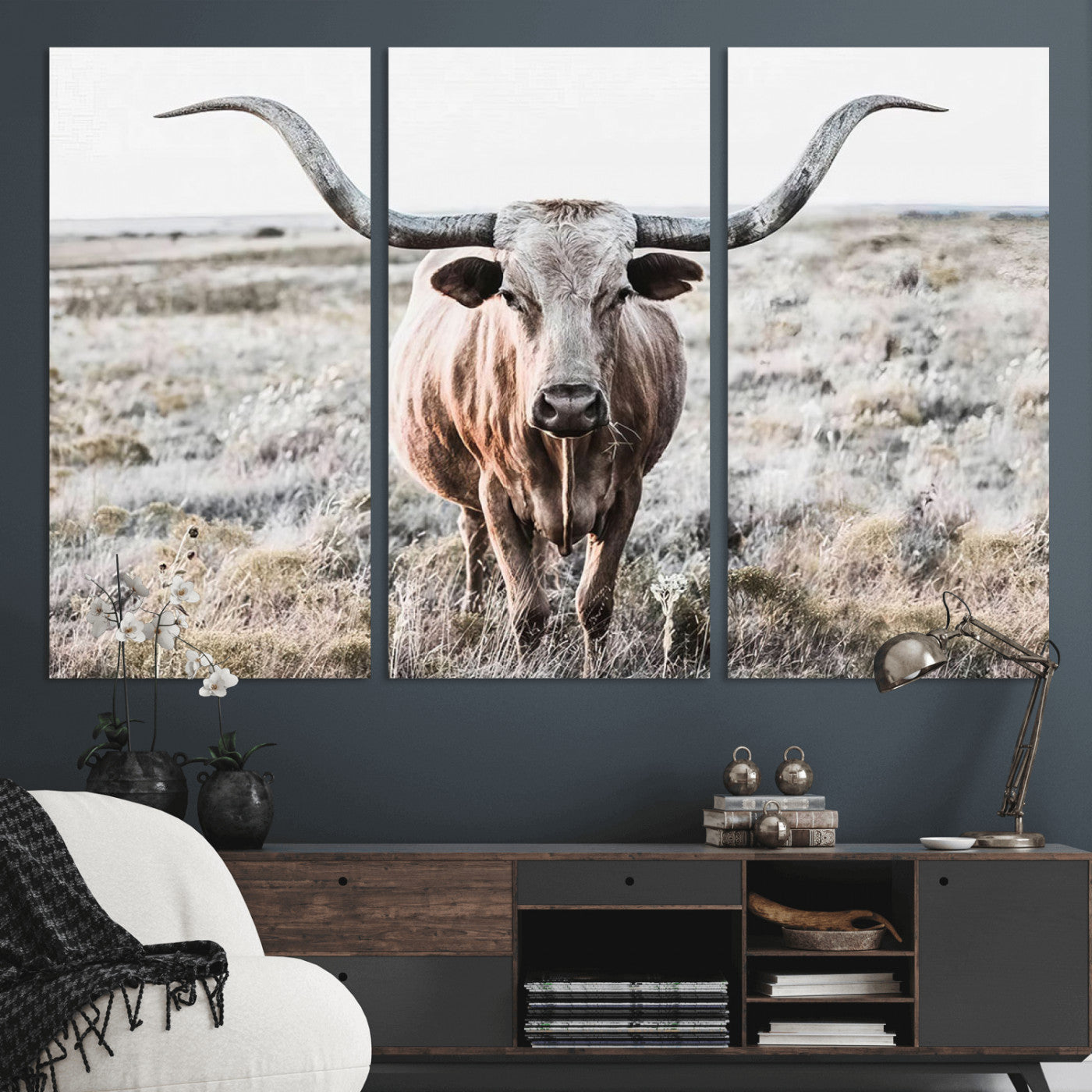 -Rustic Texas Longhorn Wall Art Canvas Print | Western Farmhouse Decor for Living Room or Office,