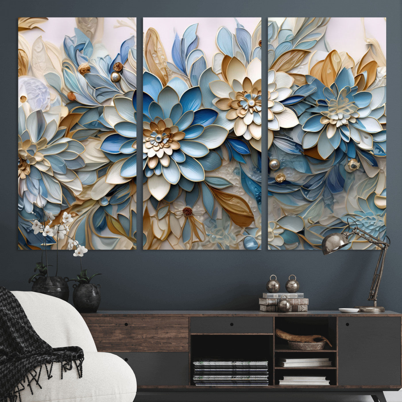 MGV-CV-48X32-3P - Blu Abstract Flower Wall Art Canvas Print