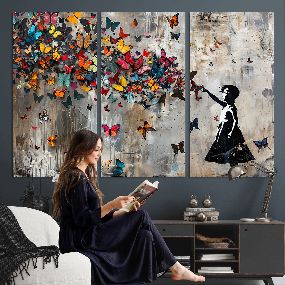 Banksy Wall Art, Banksy Girl and Butterfly Explosion Canvas Print | Extra Large 3 Piece Best Seller Wall Art