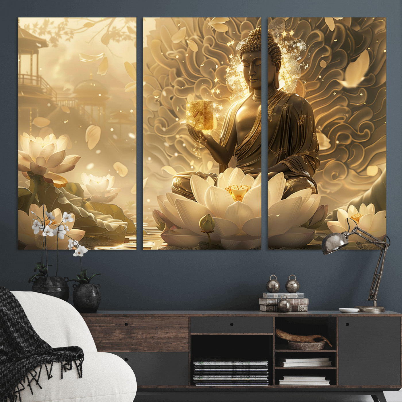 MGV-CV-48X32-3P - Golden Buddha Wall Art | Yoga Room Decor and Meditation Room Wall Art | Framed and Ready to Hang