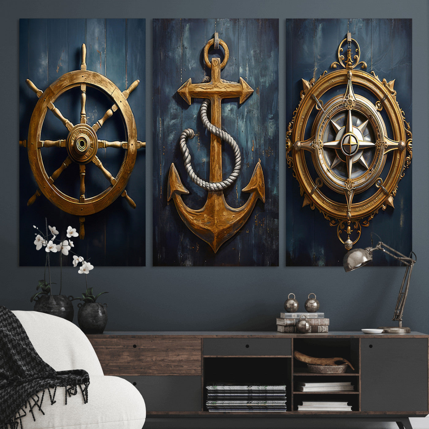 MGV-CV-48X32-3P - Boat Anchor Compass With Rope Wall Art Canvas Print | Beach House Wall Art