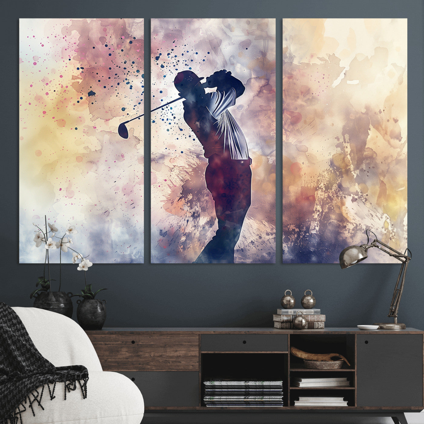 MGV-CV-48X32-3P - Abstract Watercolor Golf Player Wall Art Canvas Print
