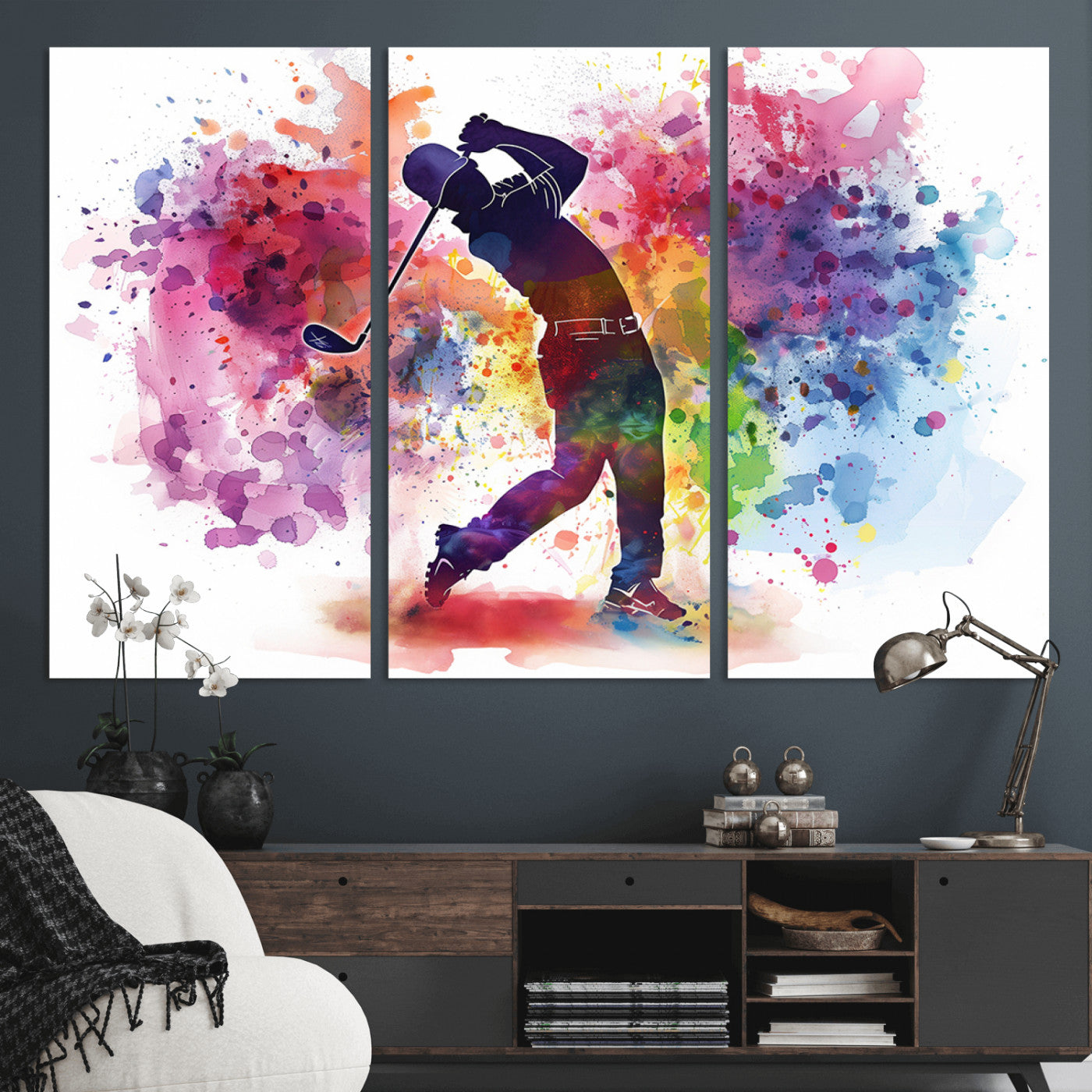 MGV-CV-48X32-3P - Colorful Golfer Swing Wall Art Canvas Print - Ready to Hang, Framed Sports Decor