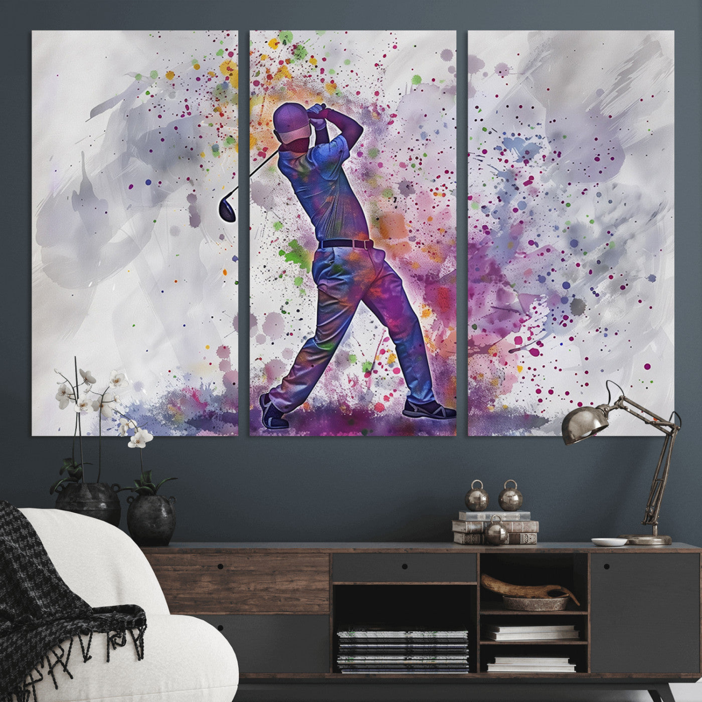 MGV-CV-48X32-3P - Watercolor Golf Swing Wall Art Canvas Print | Vibrant Abstract Golf Player Silhouette |