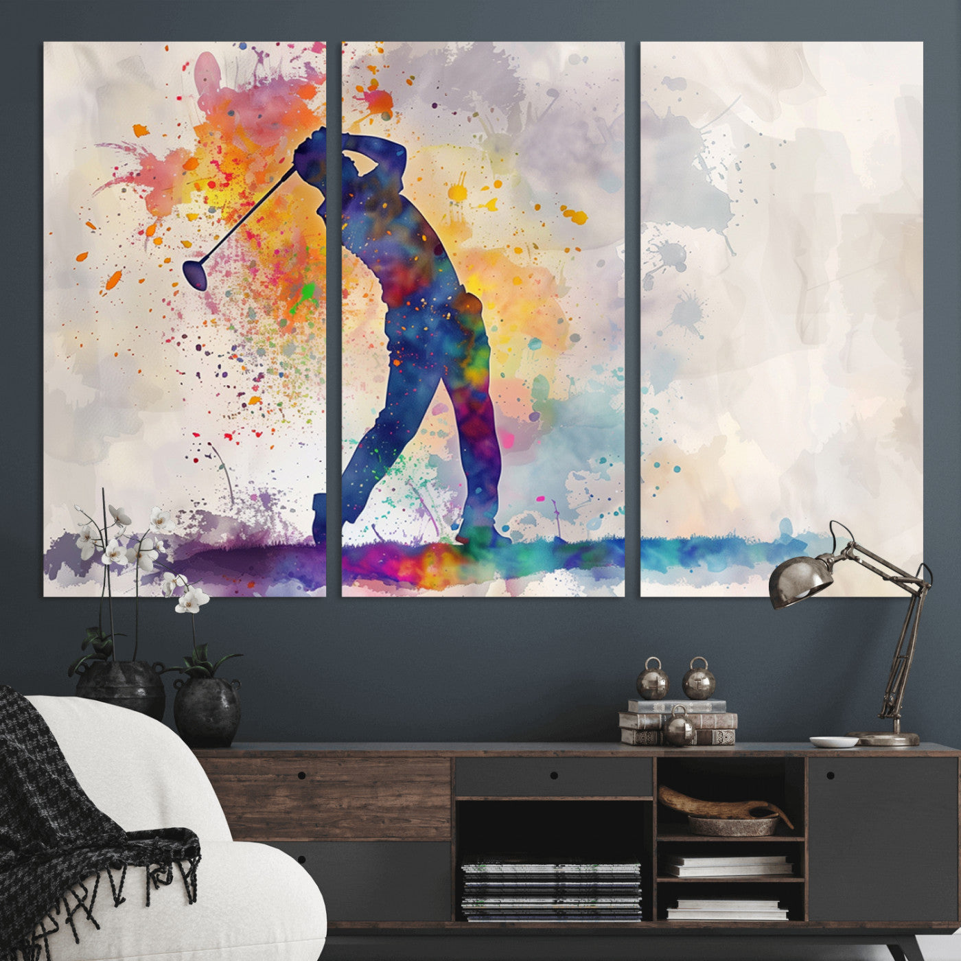 MGV-CV-48X32-3P - Watercolor Golf Swing Wall Art Canvas Print | Vibrant Abstract Golf Player Silhouette |