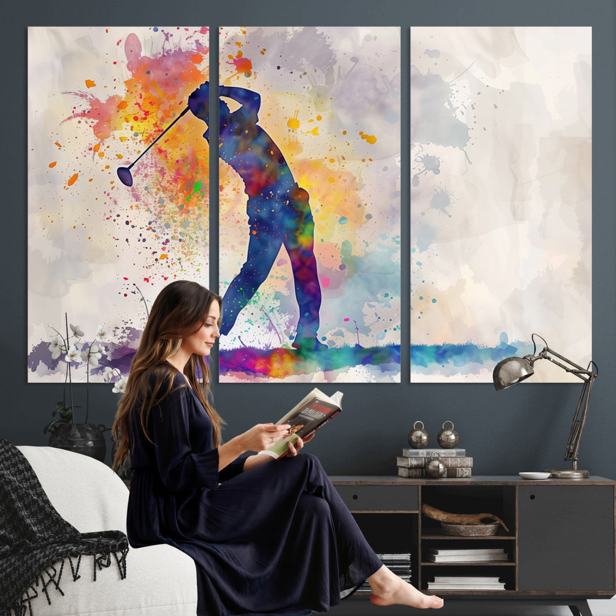 89625-MGV-CV-36X24 - Vibrant Watercolor Golf Swing Wall Art Canvas Print | Extra Large 3 Piece Canvas Wall Art