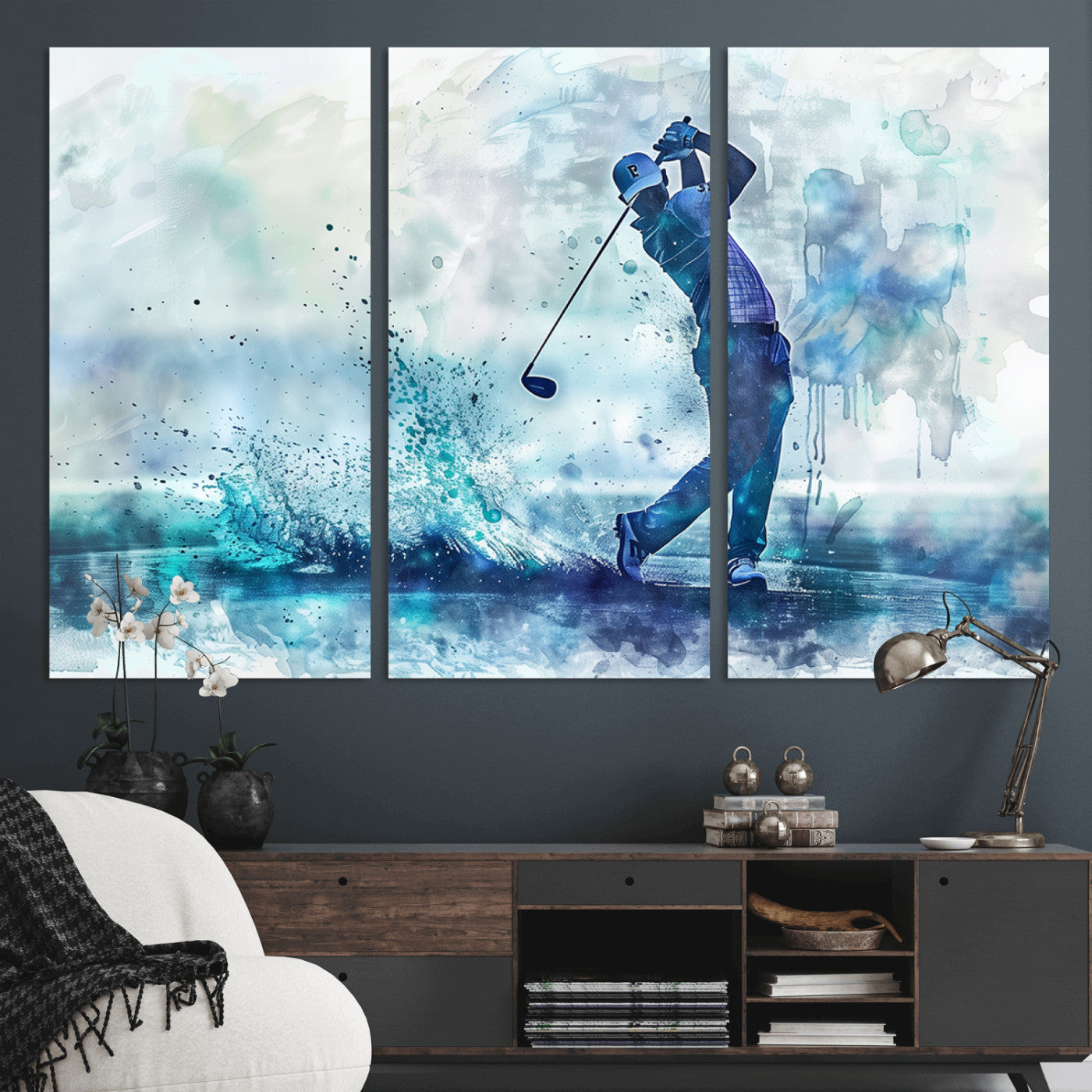 MGV-CV-48X32-3P - Golf Swing Wall Art Canvas Print - Sports-Inspired Watercolor Decor - Ready to Hang