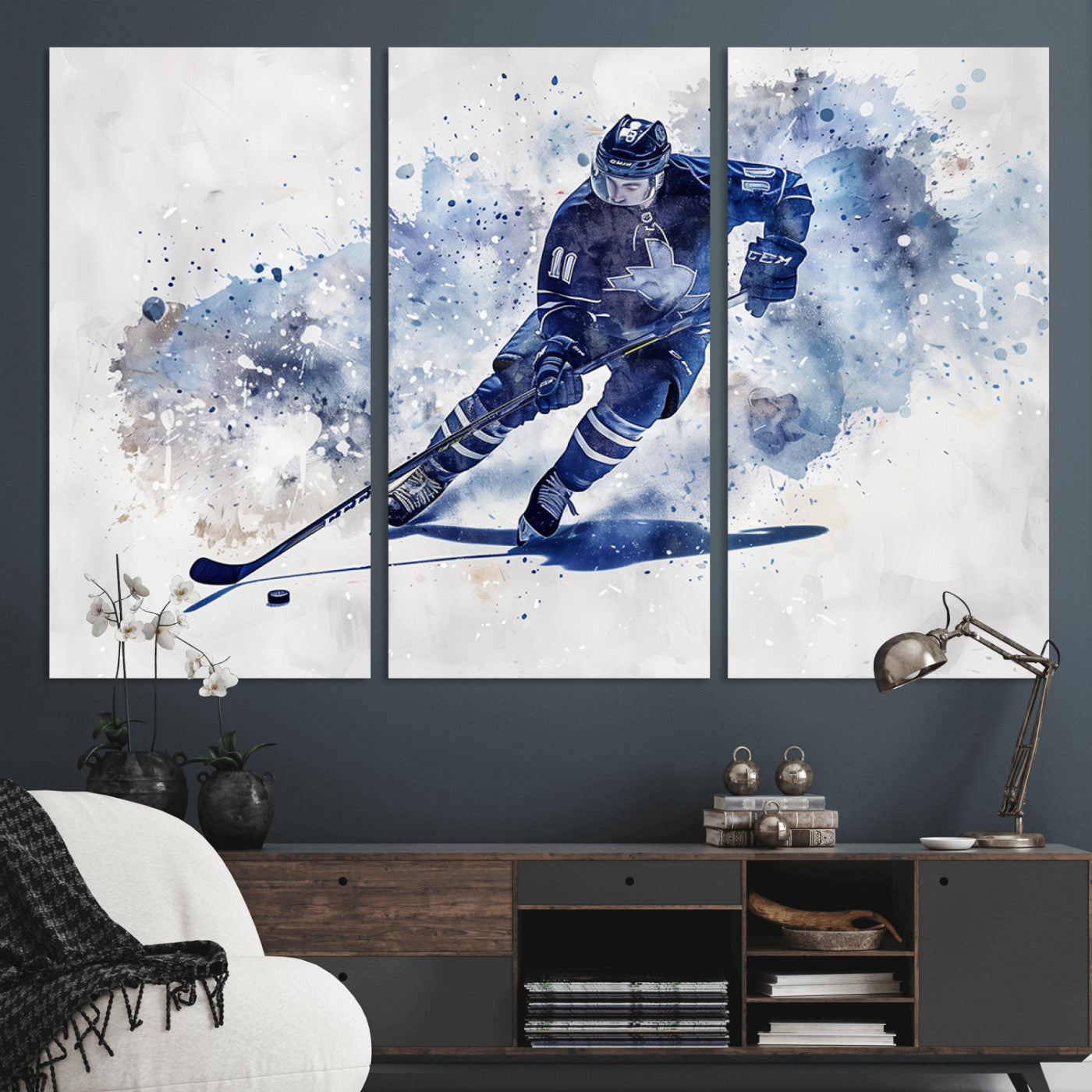 MGV-CV-48X32-3P - Hockey Player Wall Art Canvas Print - Sports-Inspired Watercolor Decor - Ready to Hang