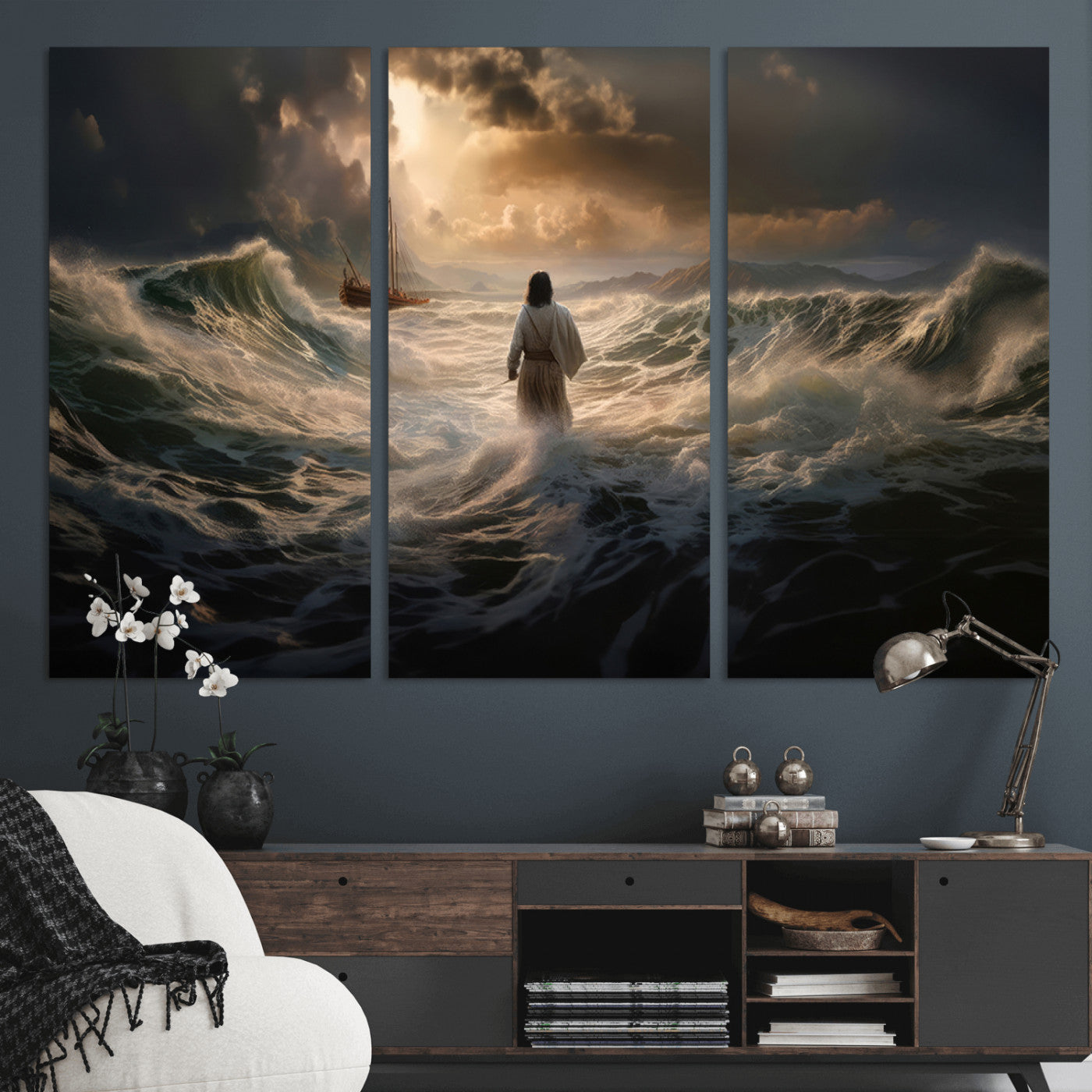 MGV-CV-48X32-3P - Jesus Walking on Water Wall Art Canvas Print - Religious Spiritual Decor - Jesus Wall Art Canvas