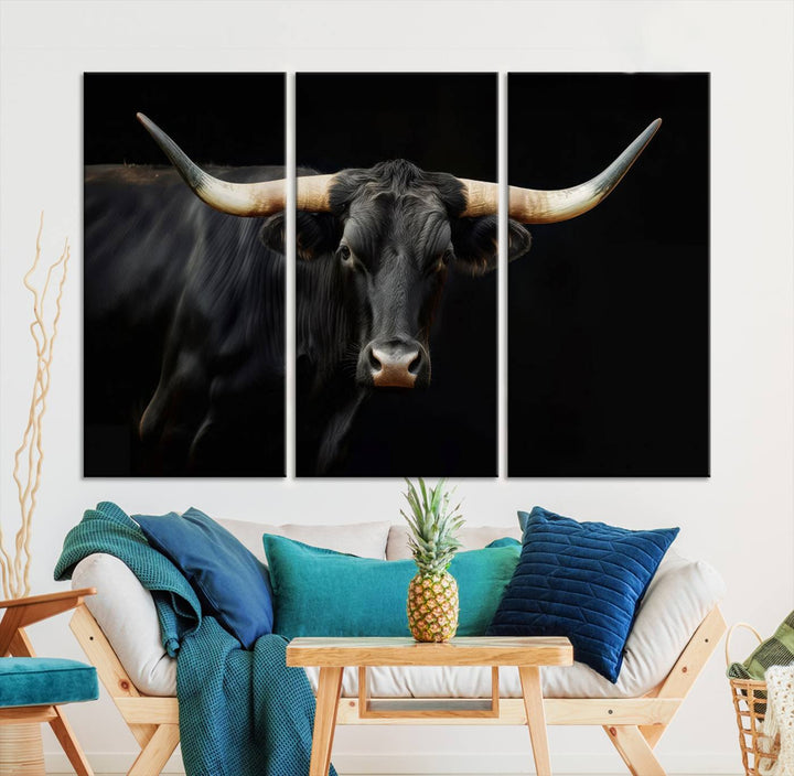 Texas Longhorn Cow | Majestic Black Bull Wall Art Canvas Print - Farmhouse Animal Decor - Ready to Hang