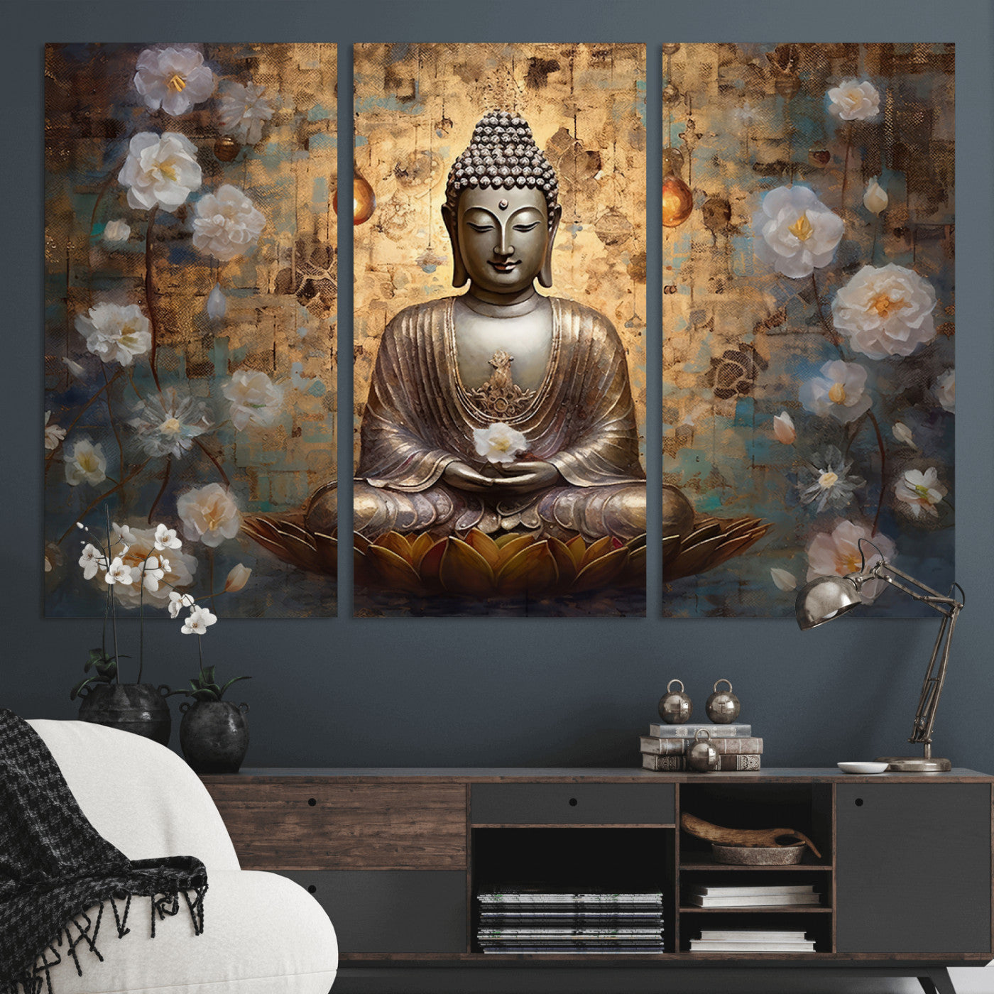 MGV-CV-48X32-3P - Golden Buddha Wall Art Canvas Print | Zen Meditation Floral Decor | Tranquil Spiritual Home Art |