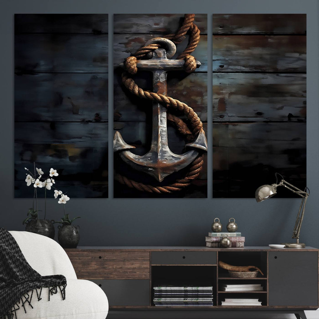 The wooden wall displays a 3 Panel Grunge Abstract Anchor Wall Art Canvas Print Set.