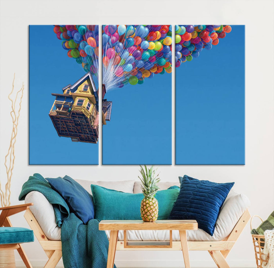 The "Carl Fredricksen, Up Movie Wall Art" features a three-panel design with a house lifted by colorful balloons, adding whimsical decor to any space.