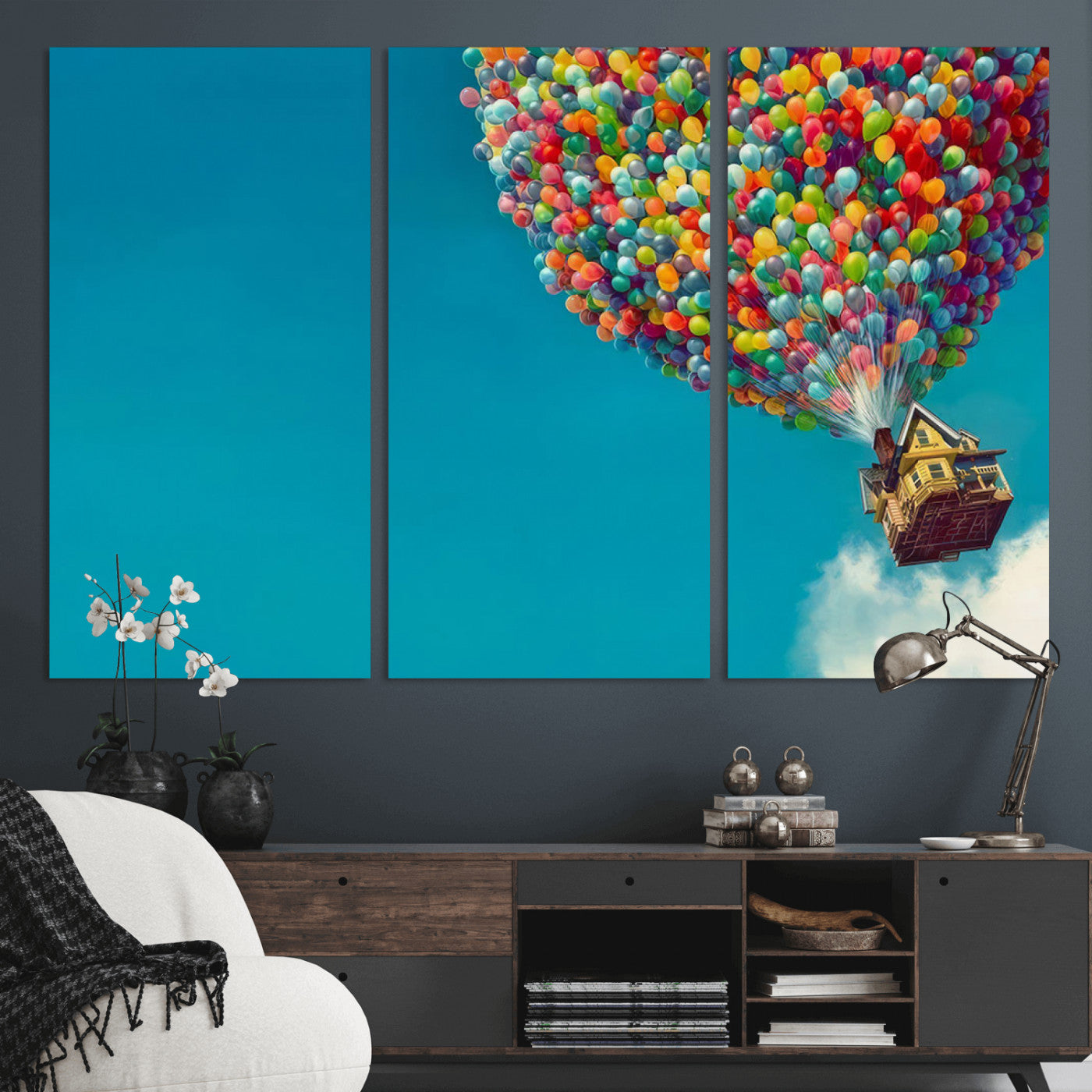 MGV-CV-48X32-3P - Carl Fredricksen, Up Movie Wall Art, Colorful Balloon House Art | Whimsical Wall Decor for Living