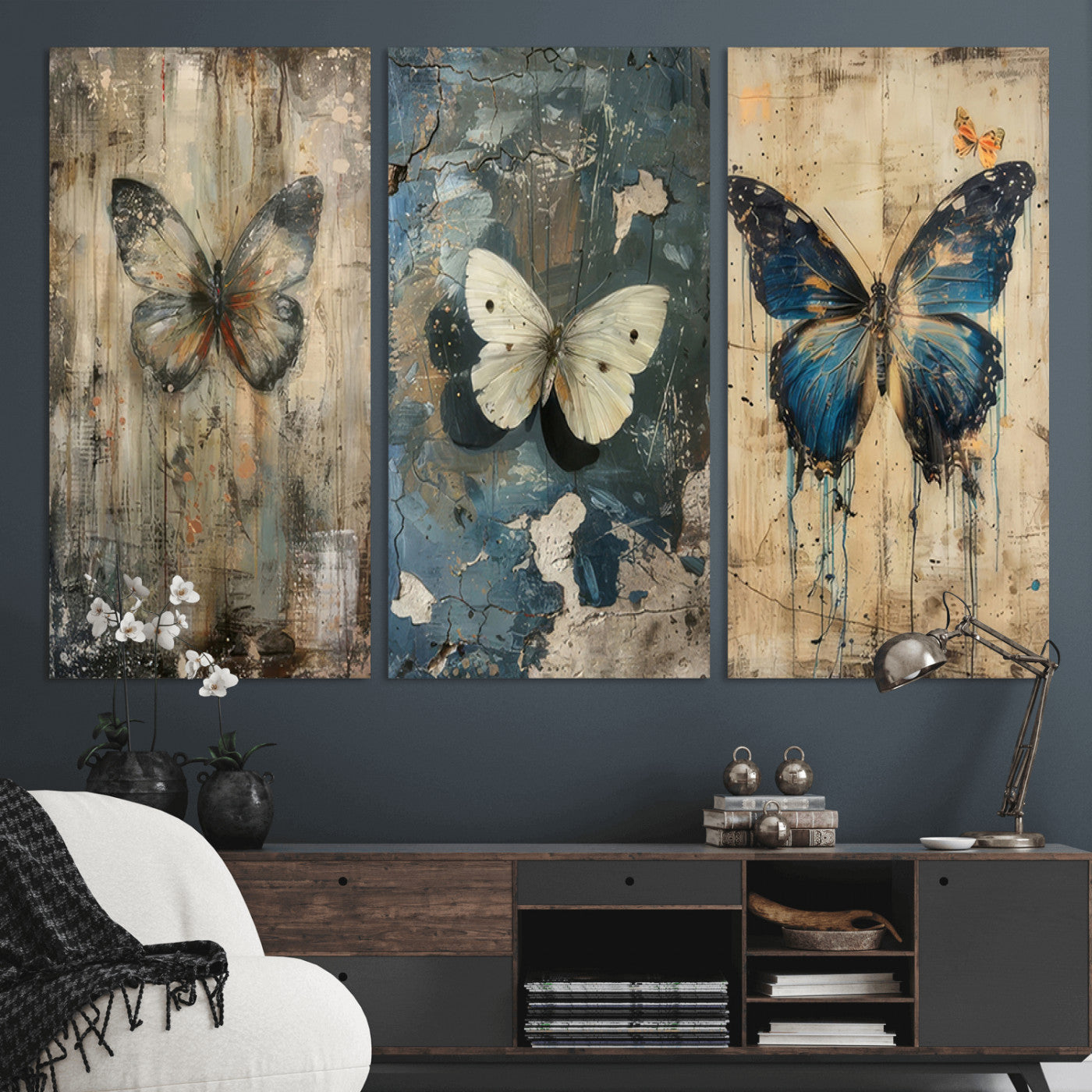 MGV-CV-48X32-3P - Butterfly Wall Art Trio | Vintage Butterfly Canvas Print | Ready to Hang Framed Artwork for