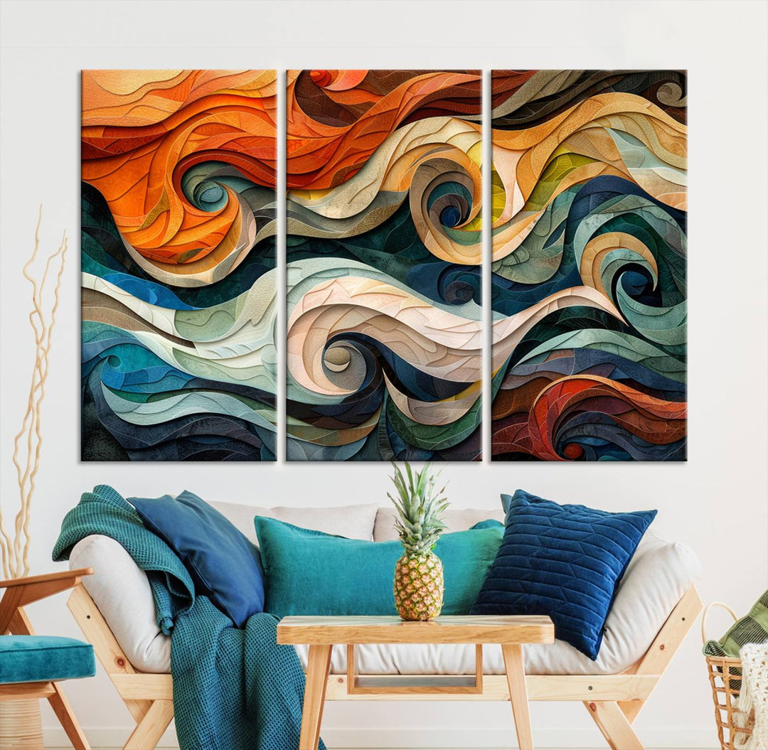 Abstract Wave Wall Art is a ready-to-hang framed canvas print featuring swirling orange, blue, and white patterns. It's perfect for adding vibrant decor to modern spaces.