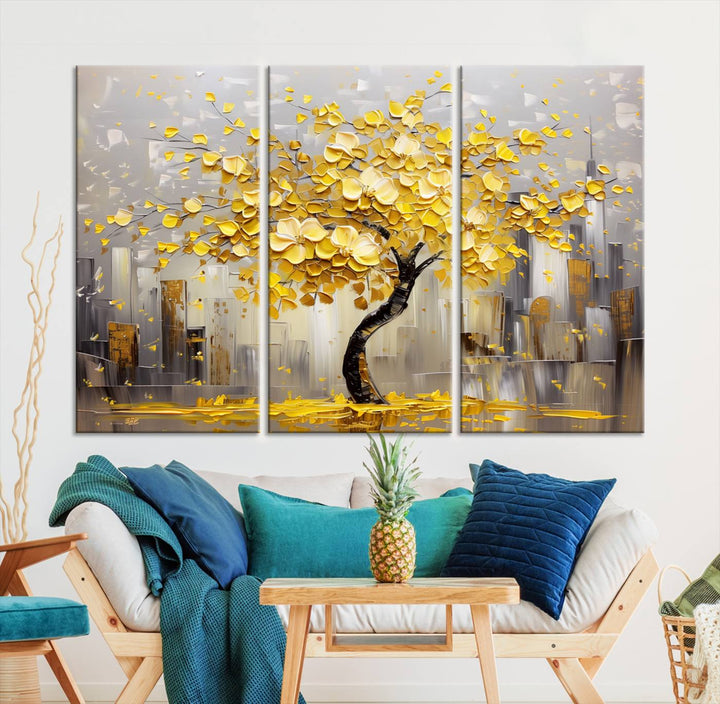 A framed canvas print from the "Golden Tree Canvas Print | Abstract Wall Art for Modern Homes | Ready to Hang Framed Artwork" collection hangs elegantly against the dark wall, epitomizing exquisite abstract wall art.