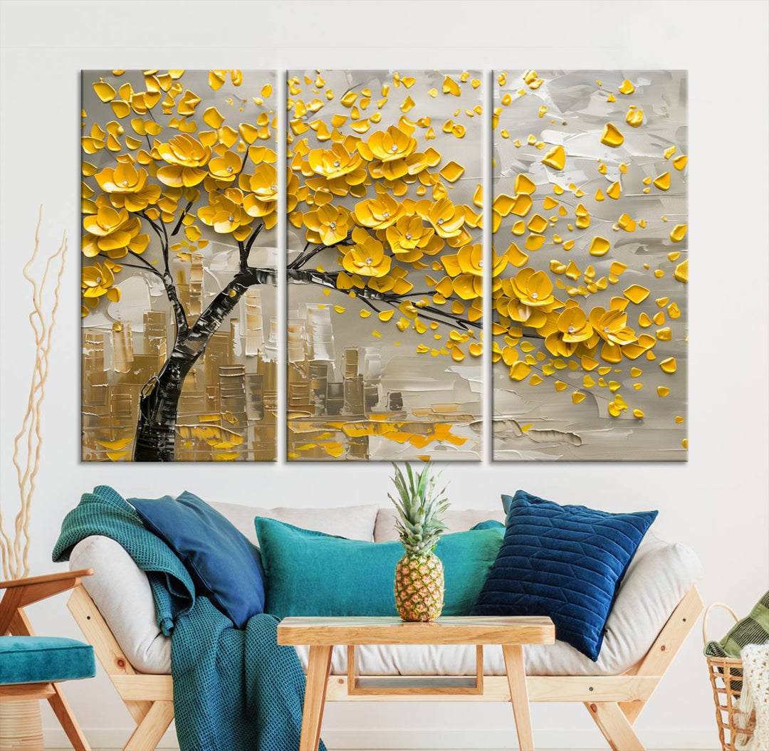 Yellow Blossom Tree Canvas Wall Art, featuring a floral abstract modern design, is elegantly displayed against a dark wall. This sophisticated piece enhances the contemporary aesthetic of the space.