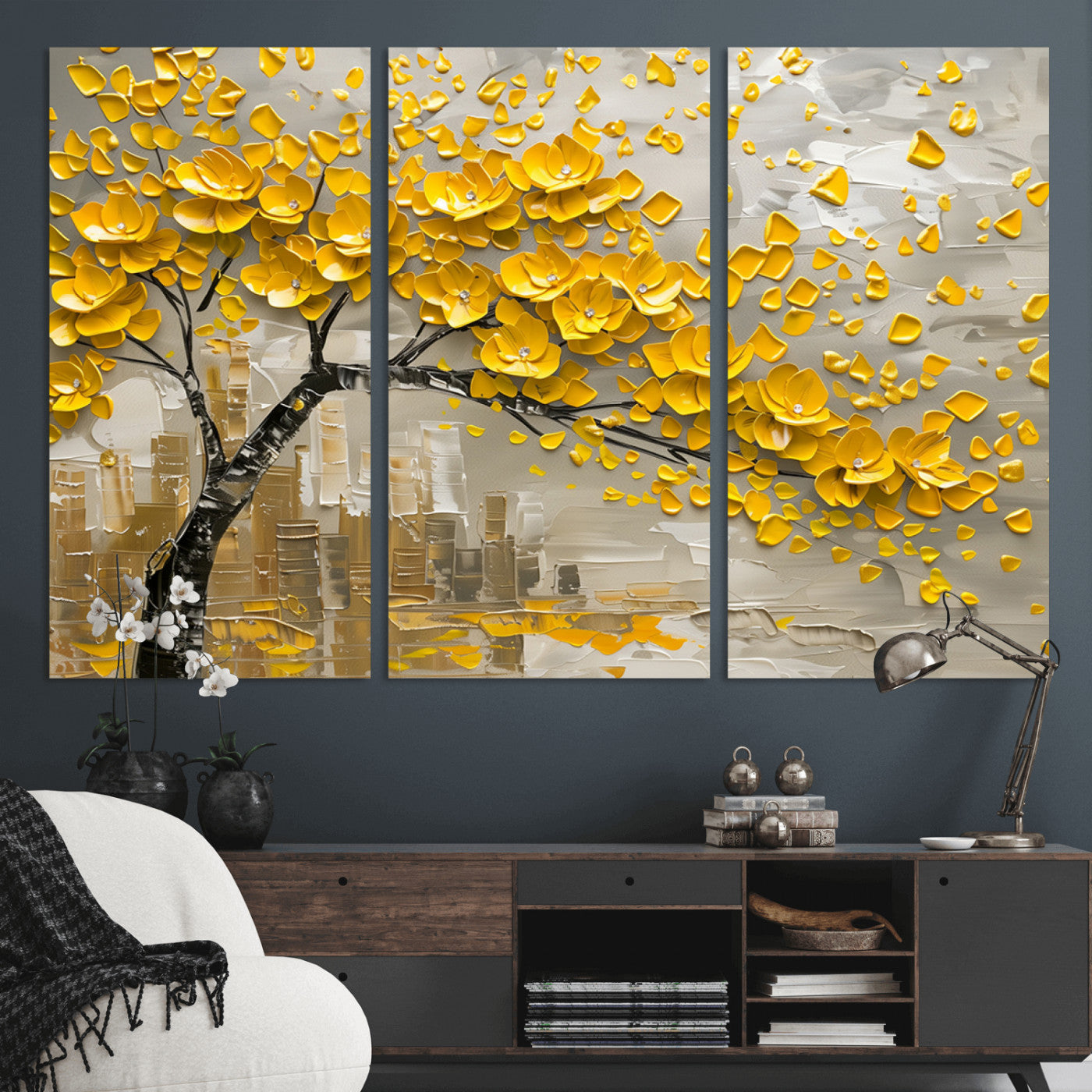 MGV-CV-48X32-3P - Yellow Blossom Tree Canvas Wall Art - Floral Abstract Modern Contemporary Artwork for Living Room or
